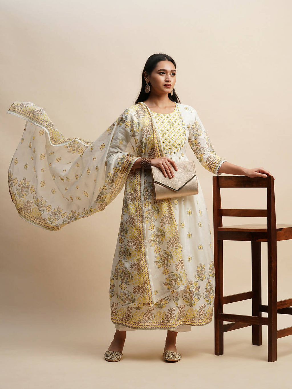 White And Yellow Pure Cotton Floral Printed Anarkali Kurta And Bottom With Dupatta - Akashara