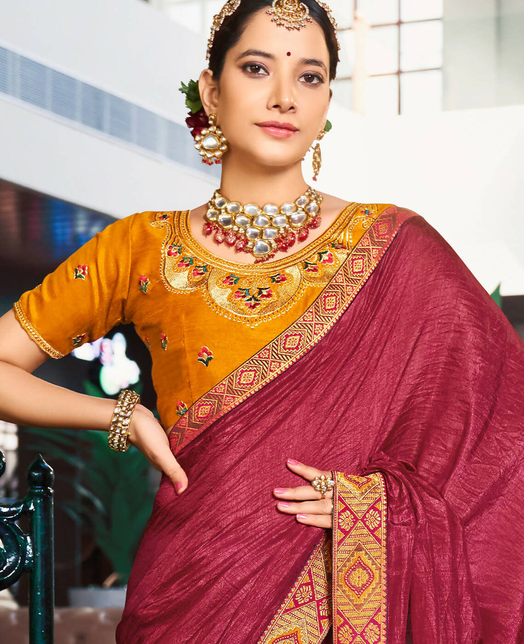 Maroon Solid Vichitra Saree With Unstitched Blouse Piece - Selena