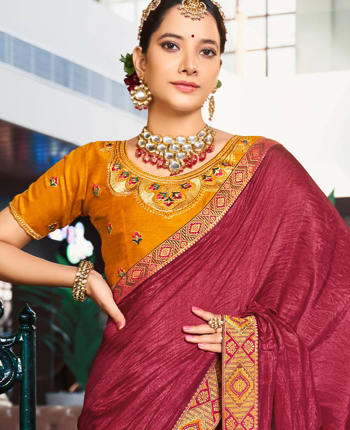 Maroon Solid Vichitra Saree With Unstitched Blouse Piece - Selena