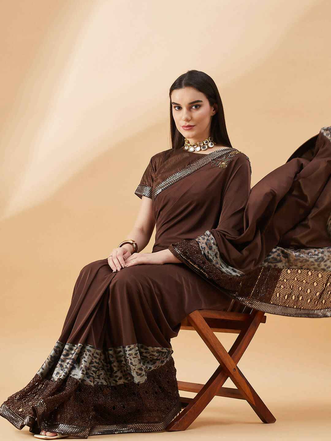 Brown Lycra Animal Print, Fancy Value Addition Fabric Saree - Norita Hit Design