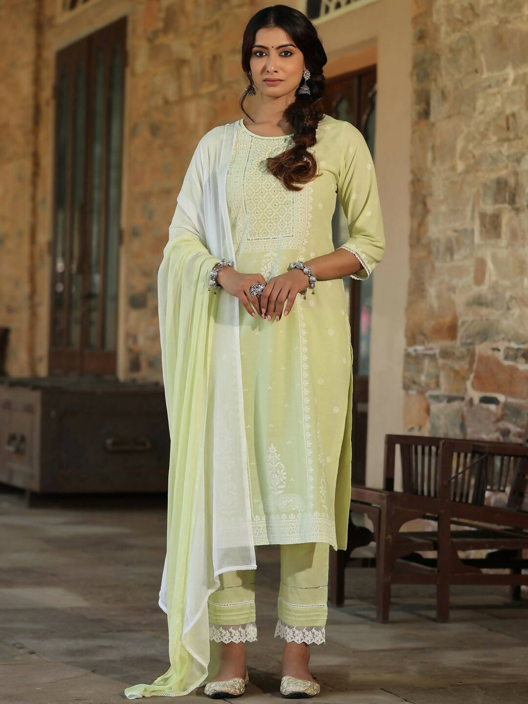 Juniper Women's Lime Green Cambric Floral Print Kurta Straight Pant And Duptta Sets