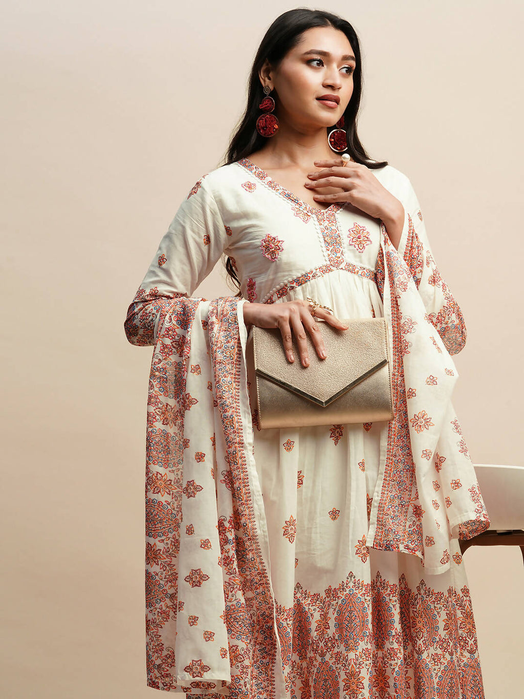 White And Peach Pure Cotton Floral Printed Anarkali Kurta And Bottom With Dupatta - Akashara