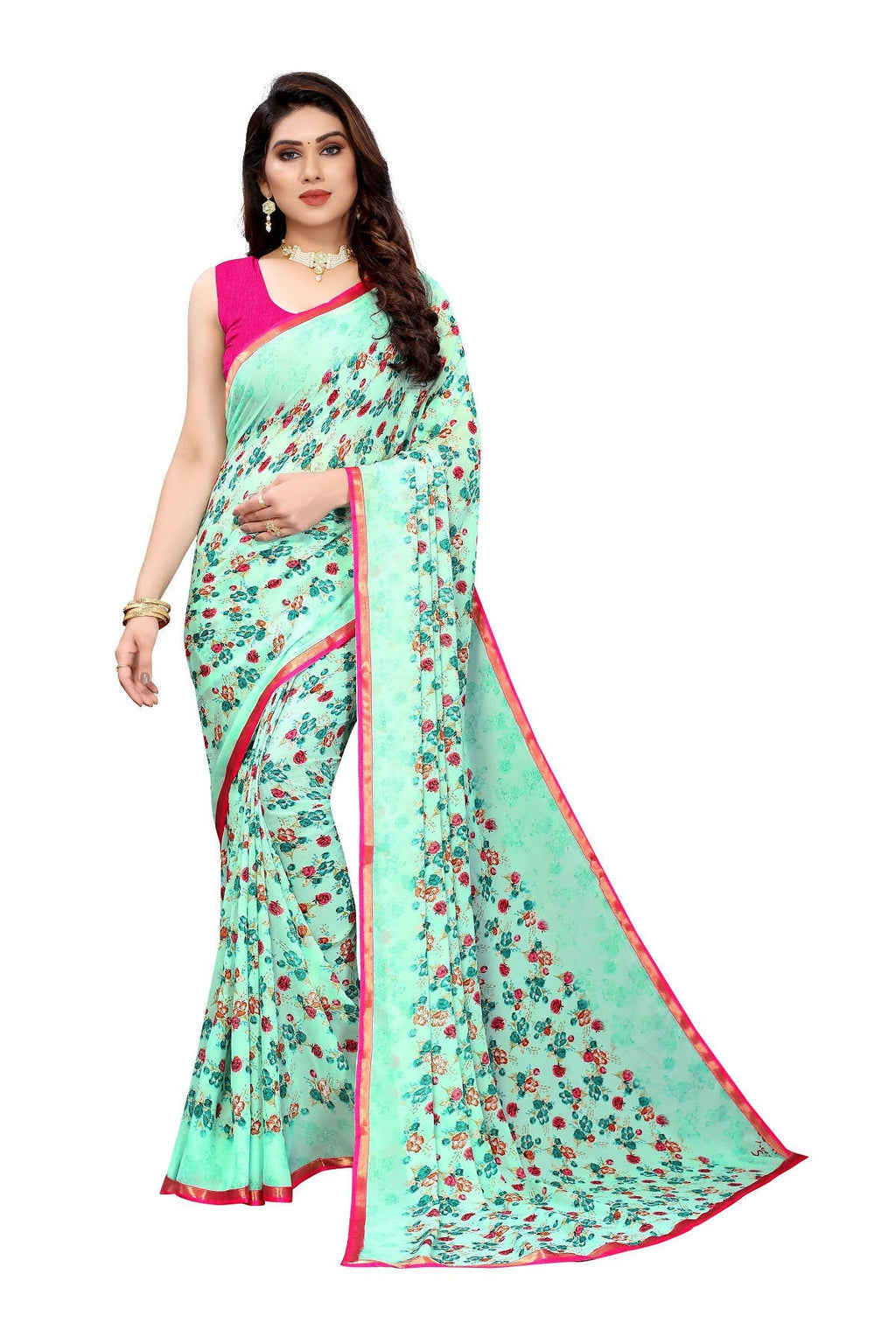 Vamika Ethnic Fire Green Printed With Lace Saree