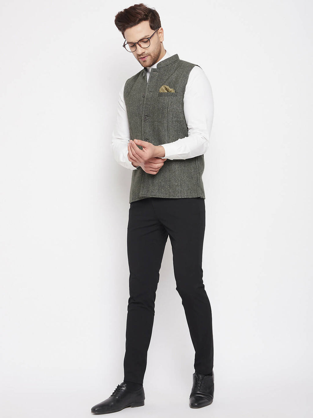 Even Apparels Green Wool Men Woven Nehru Jacket