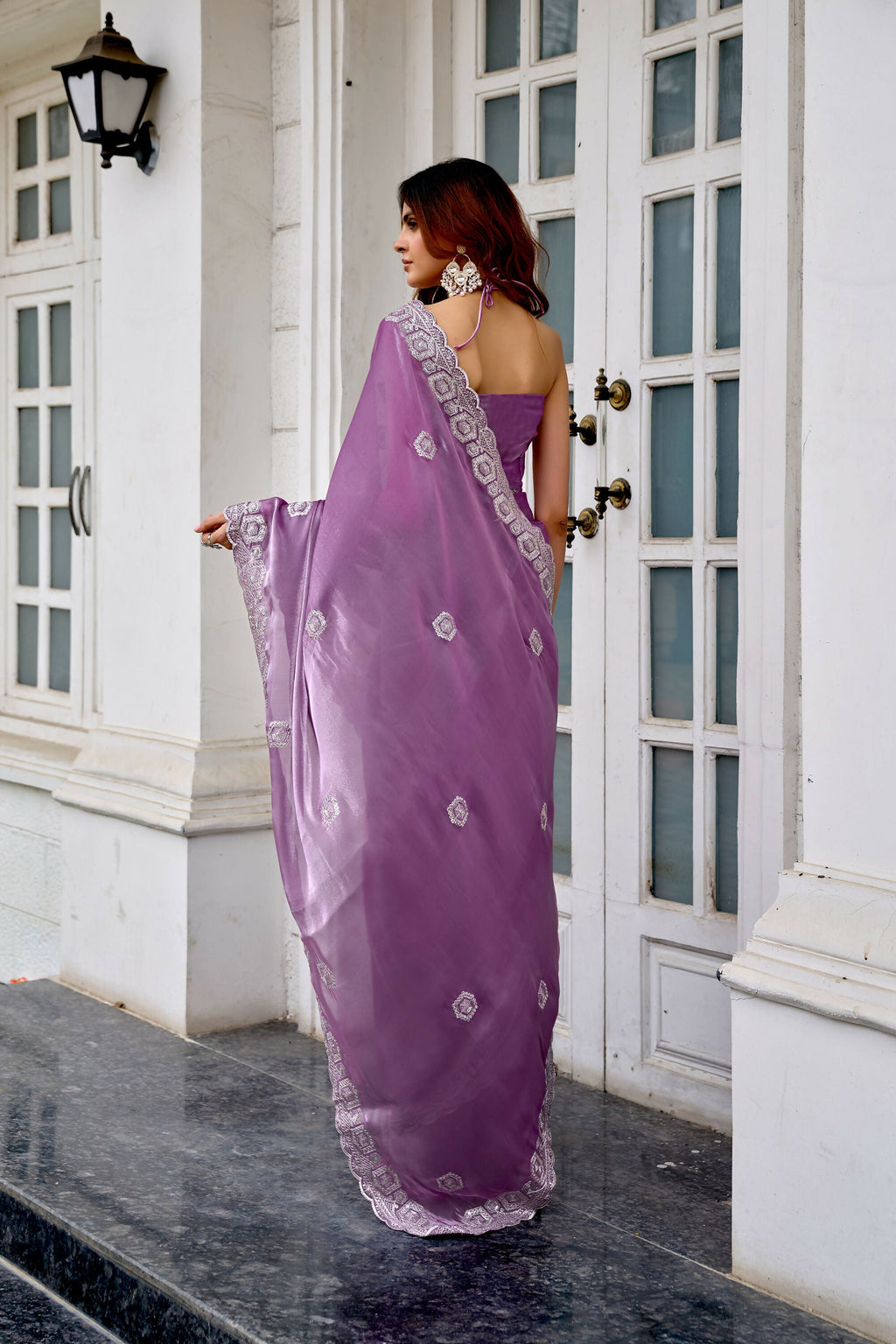 Vastranavya Lavender Embroidery Work Shimmer Chiffon Saree with Unstitched Blouse