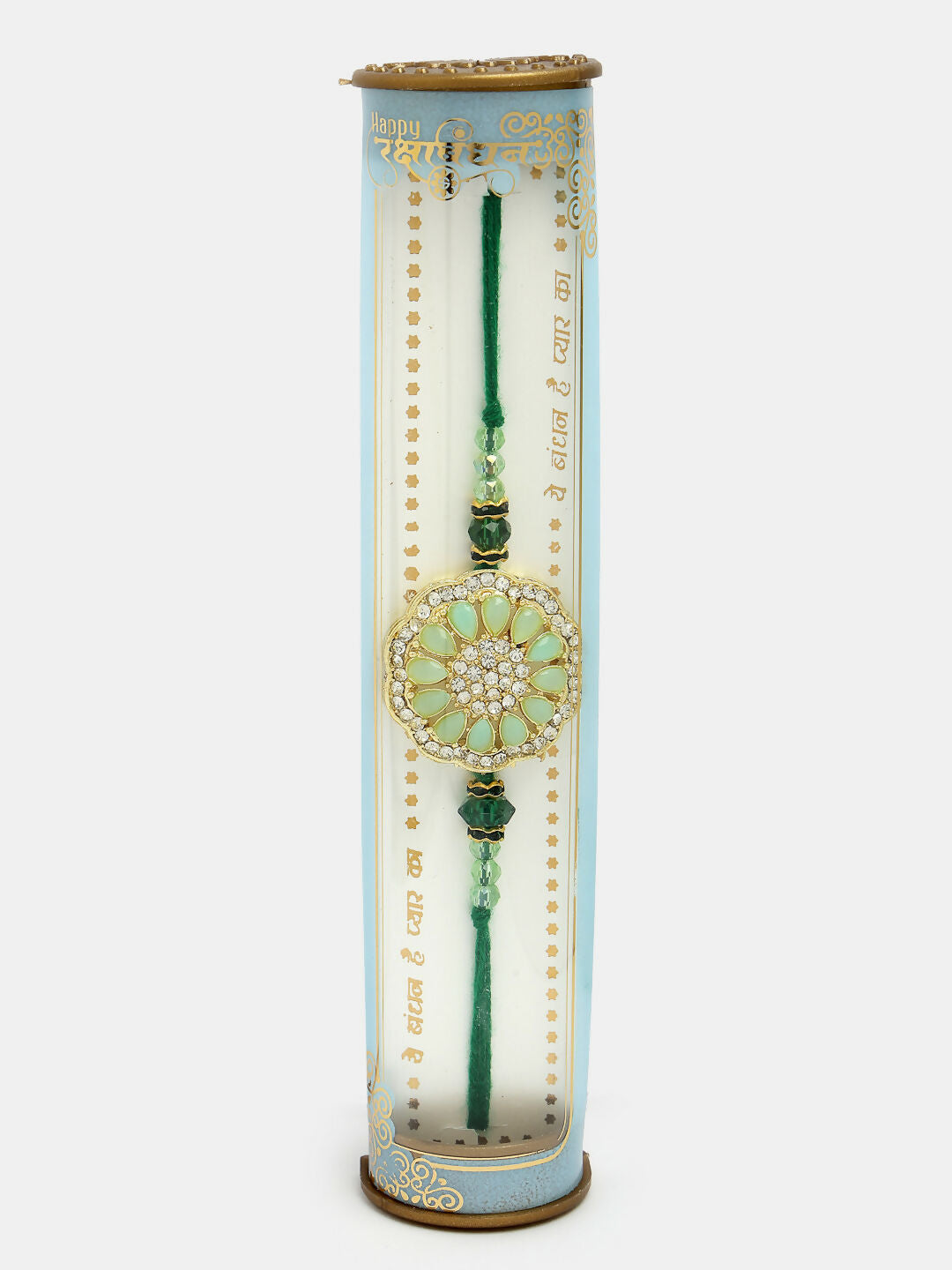 NVR Men Set of 2 Pink & Green Stone-Studded Rakhi With Roli Chawal & Chocolate