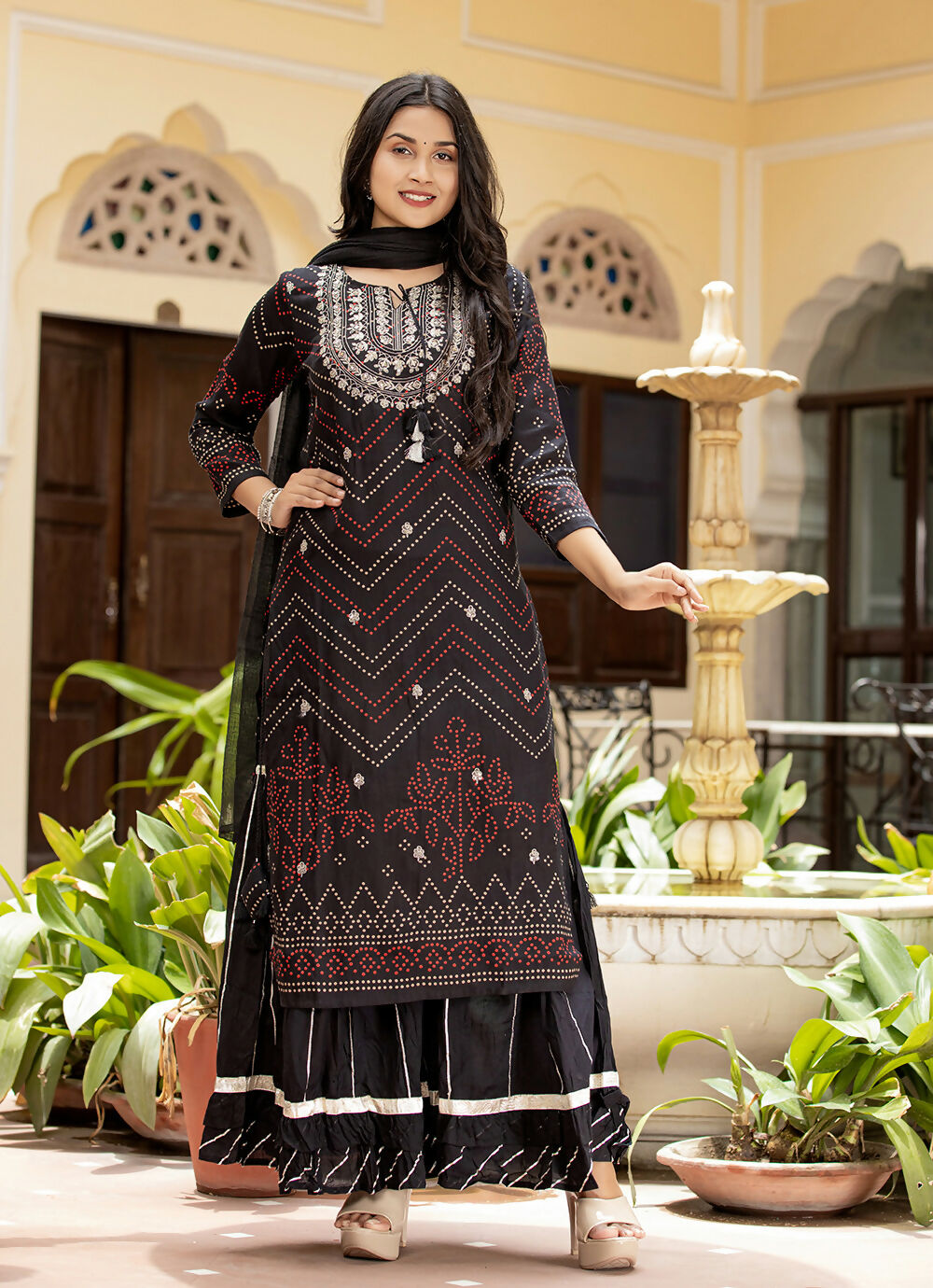 Kaajh Women's Black Embroidered Cotton Kurta Sharara Set With Dupatta