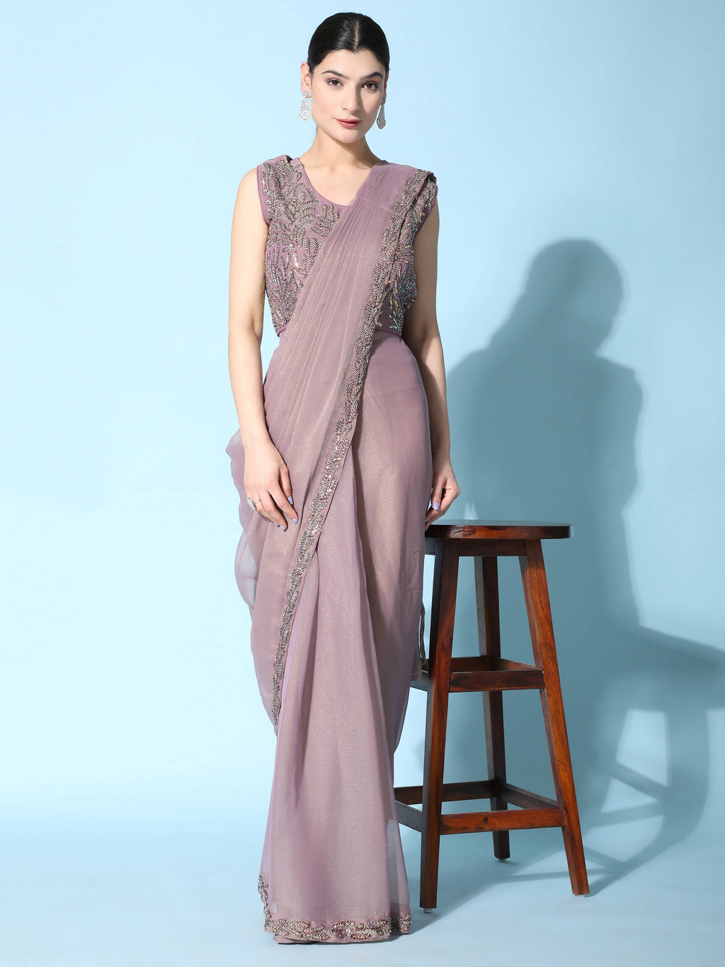 Purple Fancy Pure Fabric Plain Ready to wear Saree with stitched Blouse - Vrinda