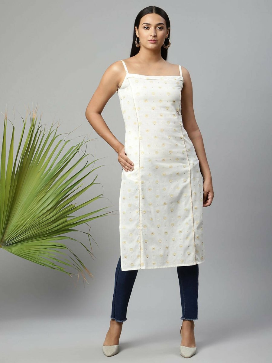 Ahalyaa Womens Off White Pure Cotton Printed Kurtas