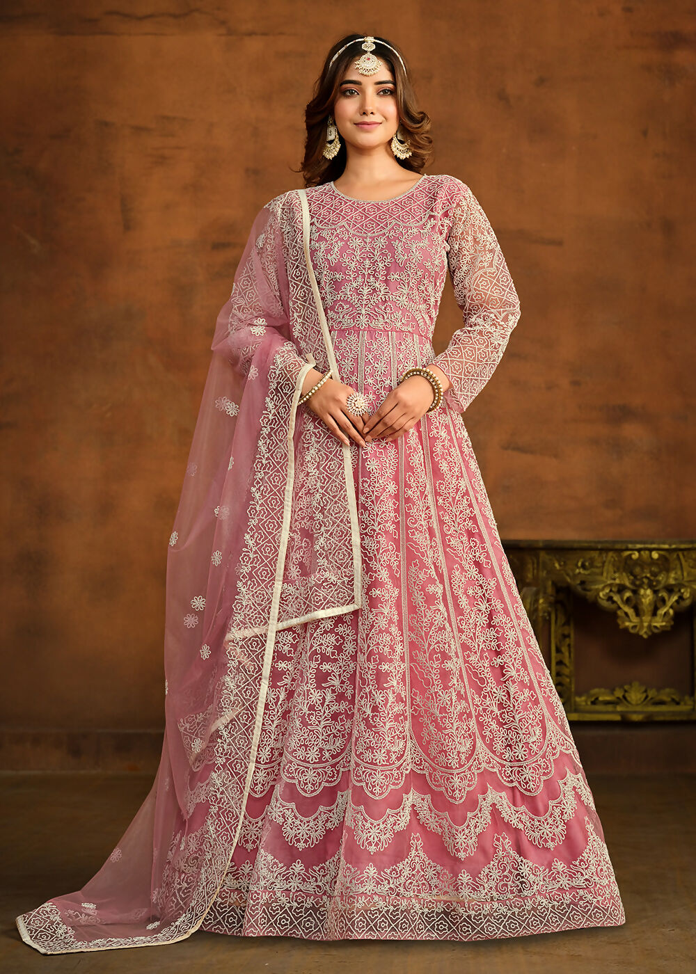 Pink All Over Embroidered Net Wedding Anarkali Suit - Emponline