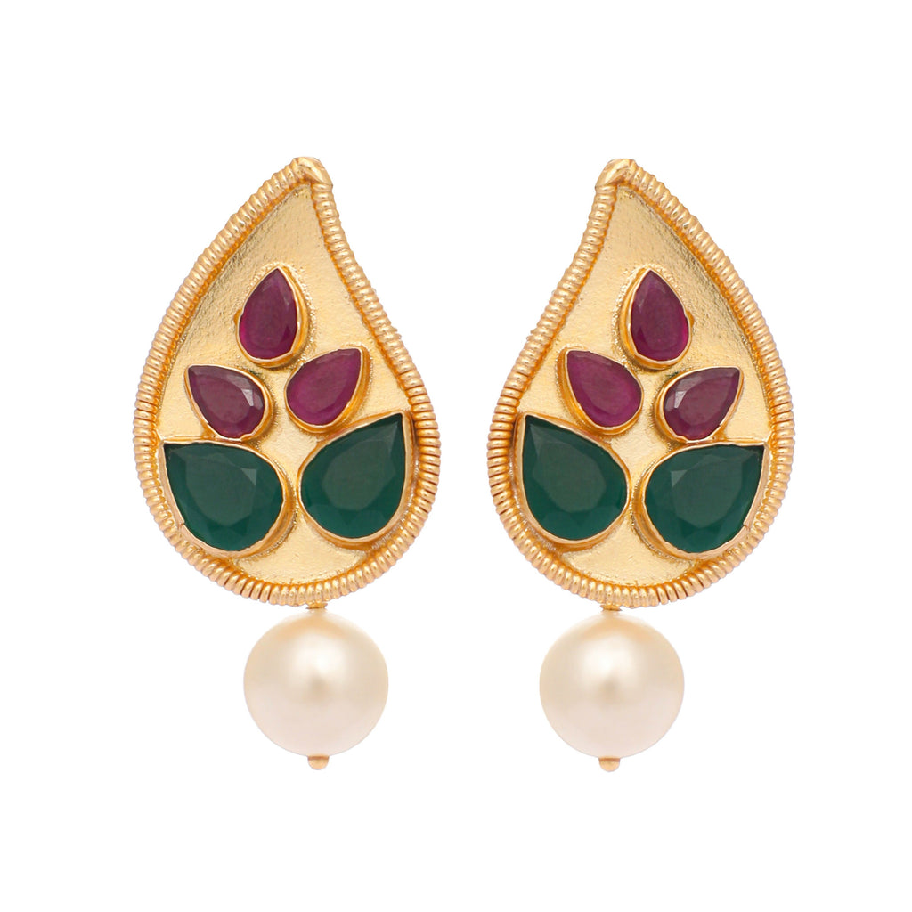 Nuyug 22K Gold Plated Emarald Stone Studded Contemporary Petal Shaped Pearl Drop Stud Earrings