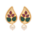 Nuyug 22K Gold Plated Emarald Stone Studded Contemporary Petal Shaped Pearl Drop Stud Earrings