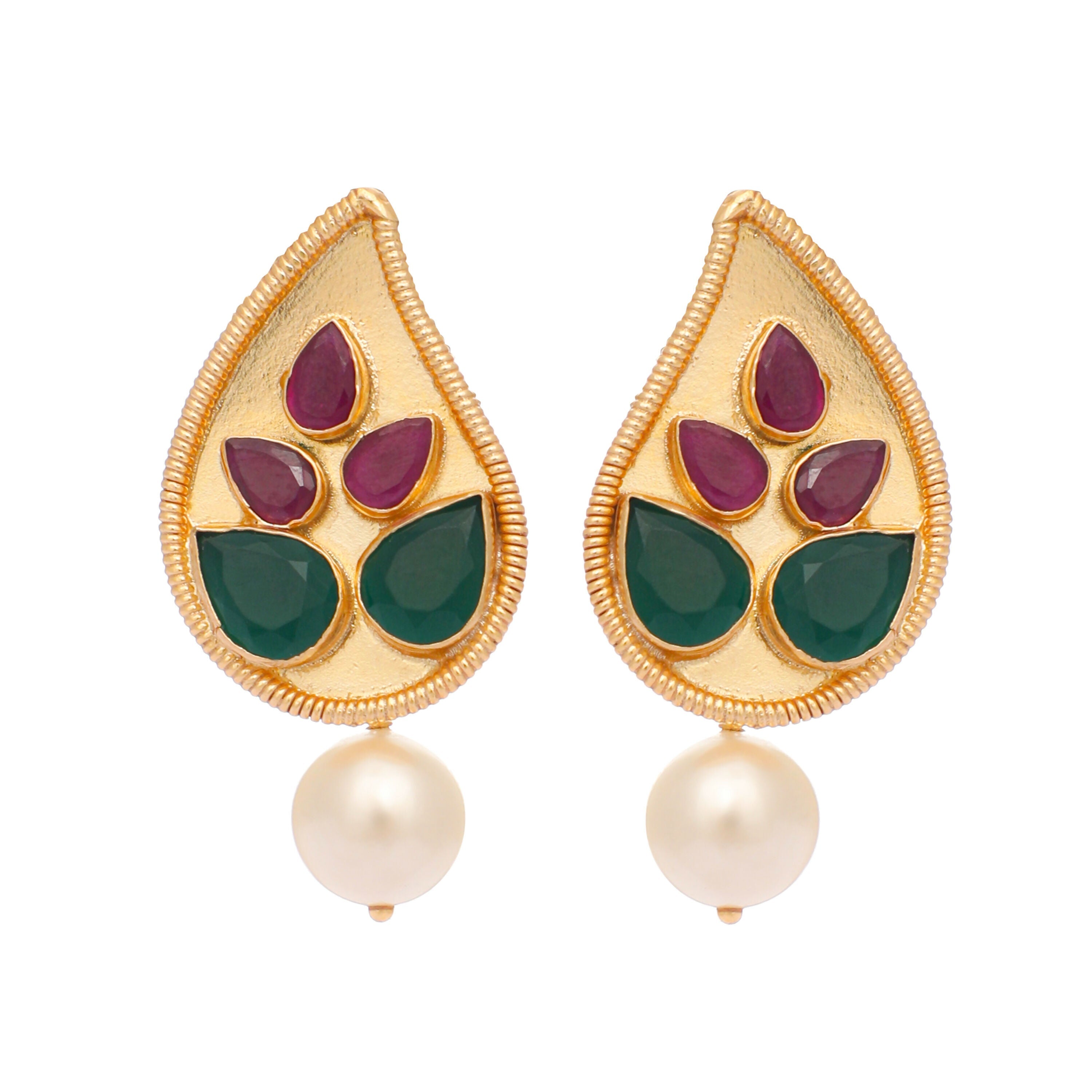 Nuyug 22K Gold Plated Emarald Stone Studded Contemporary Petal Shaped Pearl Drop Stud Earrings