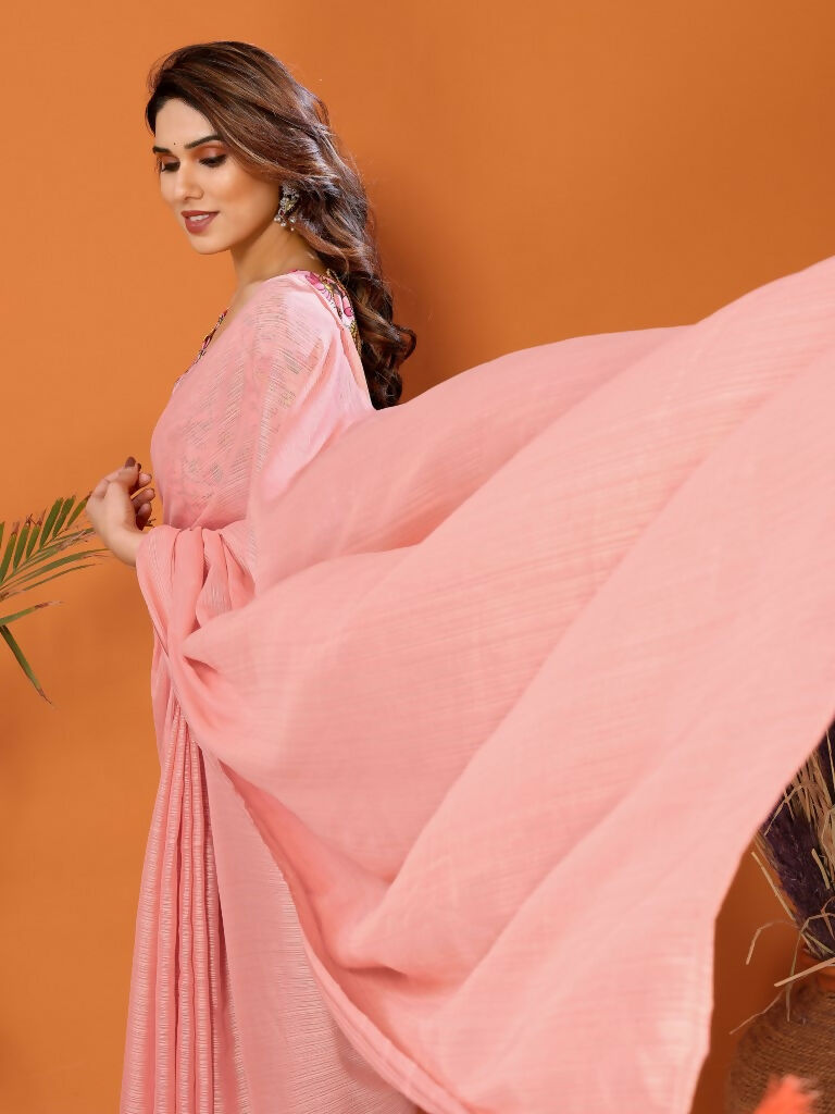 Partywear Designer Peach Polyester Zari Fancy Saree - Starwalk