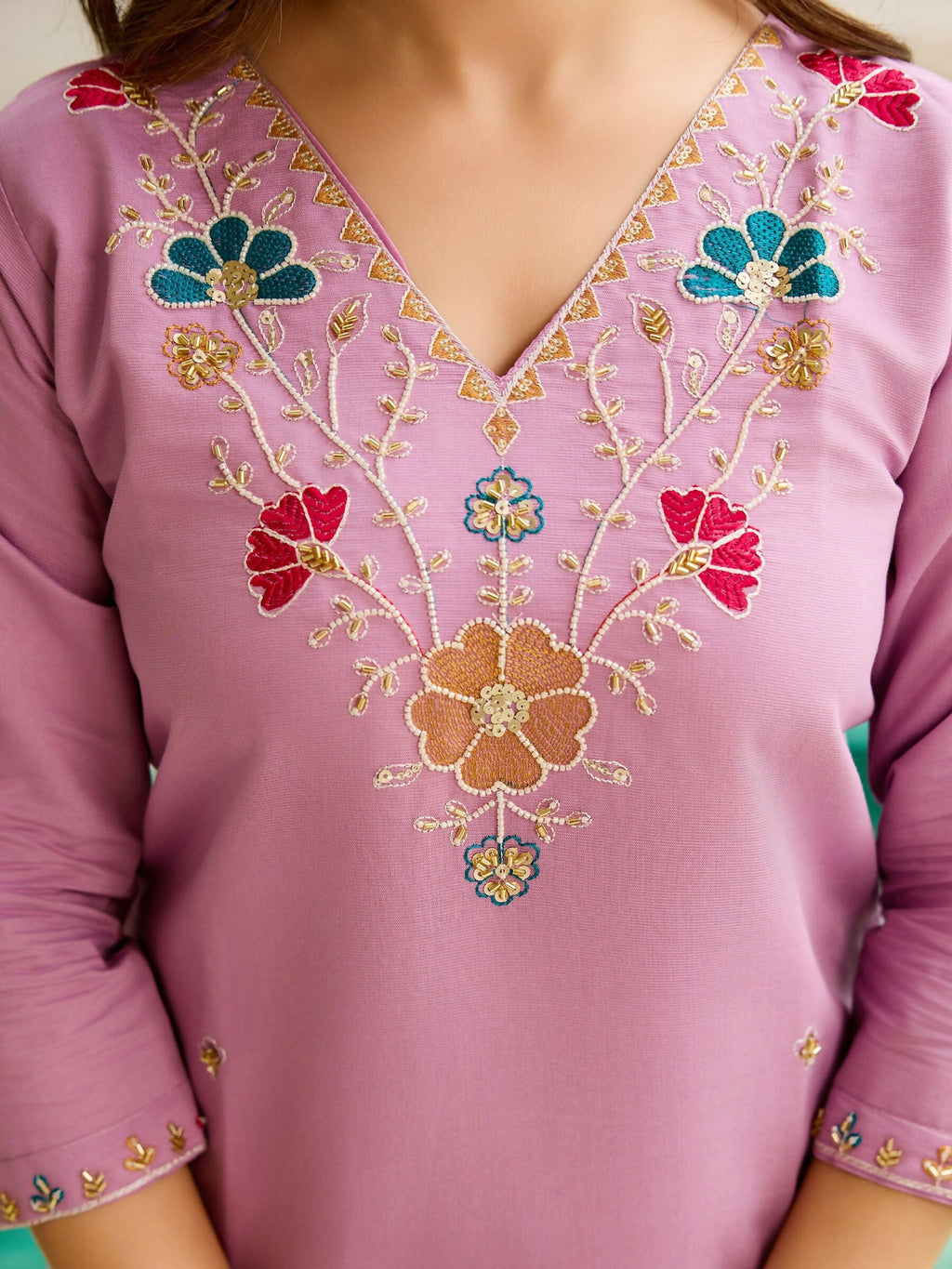 The52 Lavender Women's Gorgeous Embroidered work Viscose Gadhwal Fabric Straight Kurta, Pant and Dupatta Set