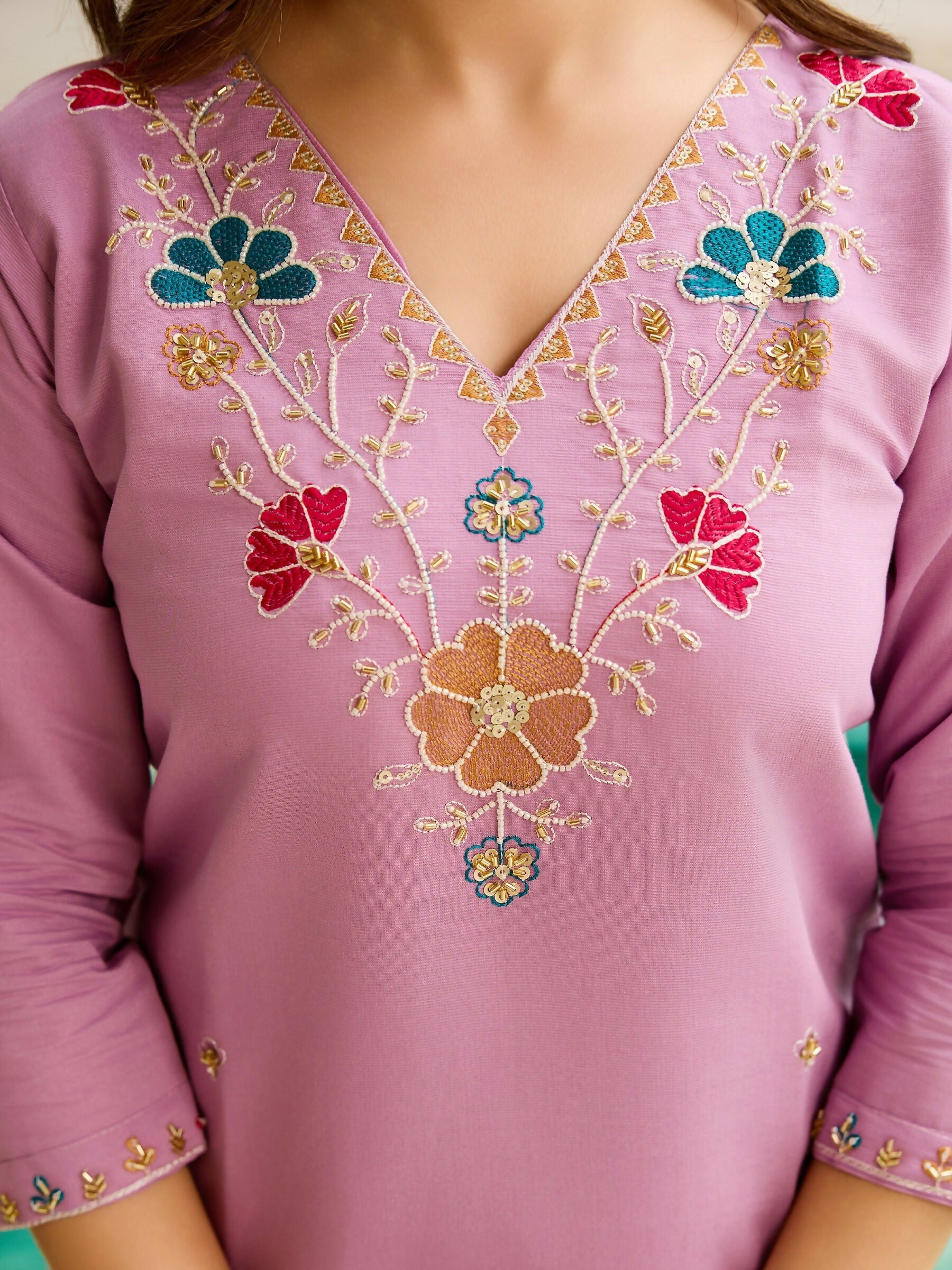 The52 Lavender Women's Gorgeous Embroidered work Viscose Gadhwal Fabric Straight Kurta, Pant and Dupatta Set