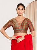 Joban Fashion Red Multi Brocade Padded Blouse With V Neck Elbow Sleeves