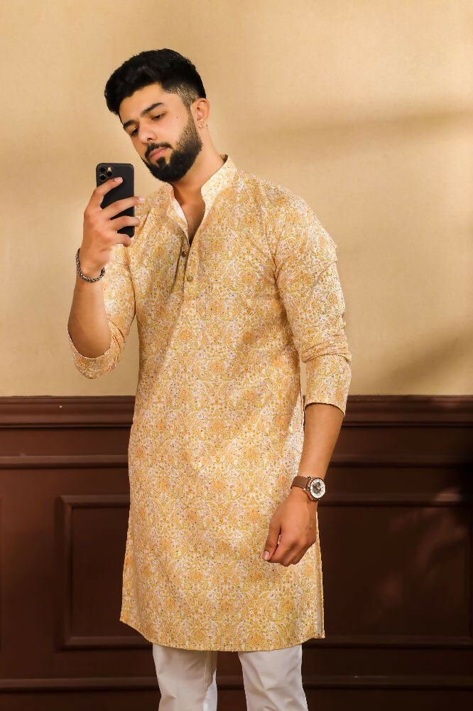 Mustard Art Silk Digital Printed, Embroidery Work Kurta Set - Mahotsav
