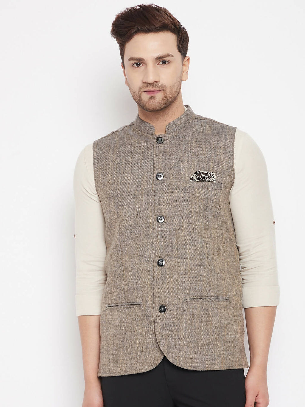 Even Apparels Brown Linen Men Woven Nehru Jacket