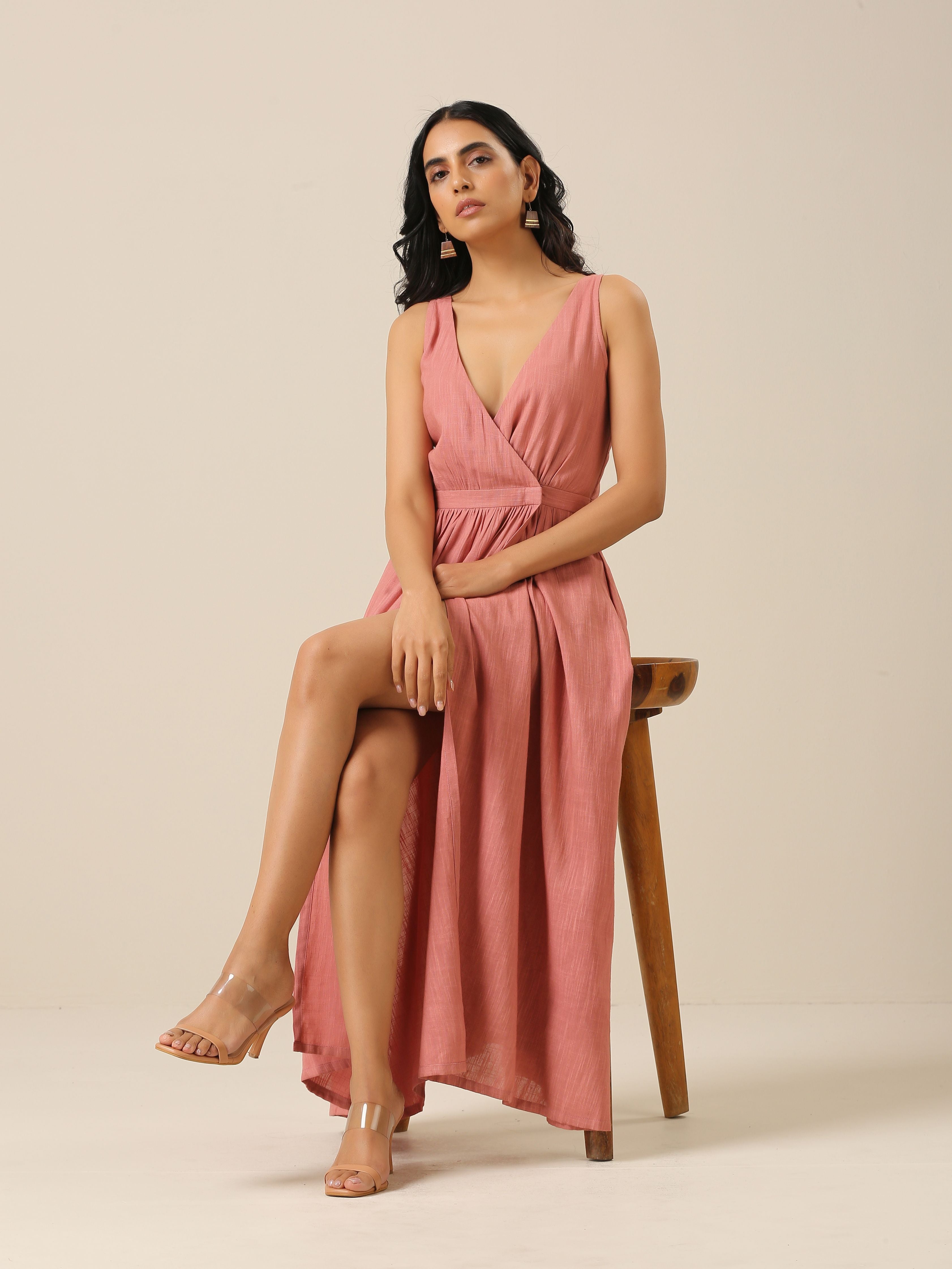 trueBrowns Light Mauve Slub Texture Sleeveless Wrap Dress