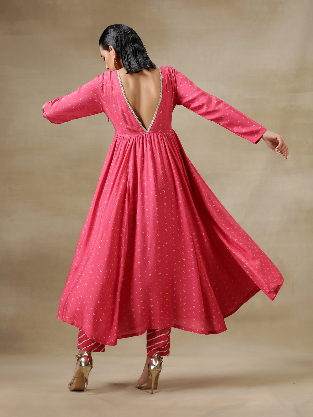 trueBrowns Pink Bandhani Printed Silk Anarkali Kurta Pant Dupatta Set