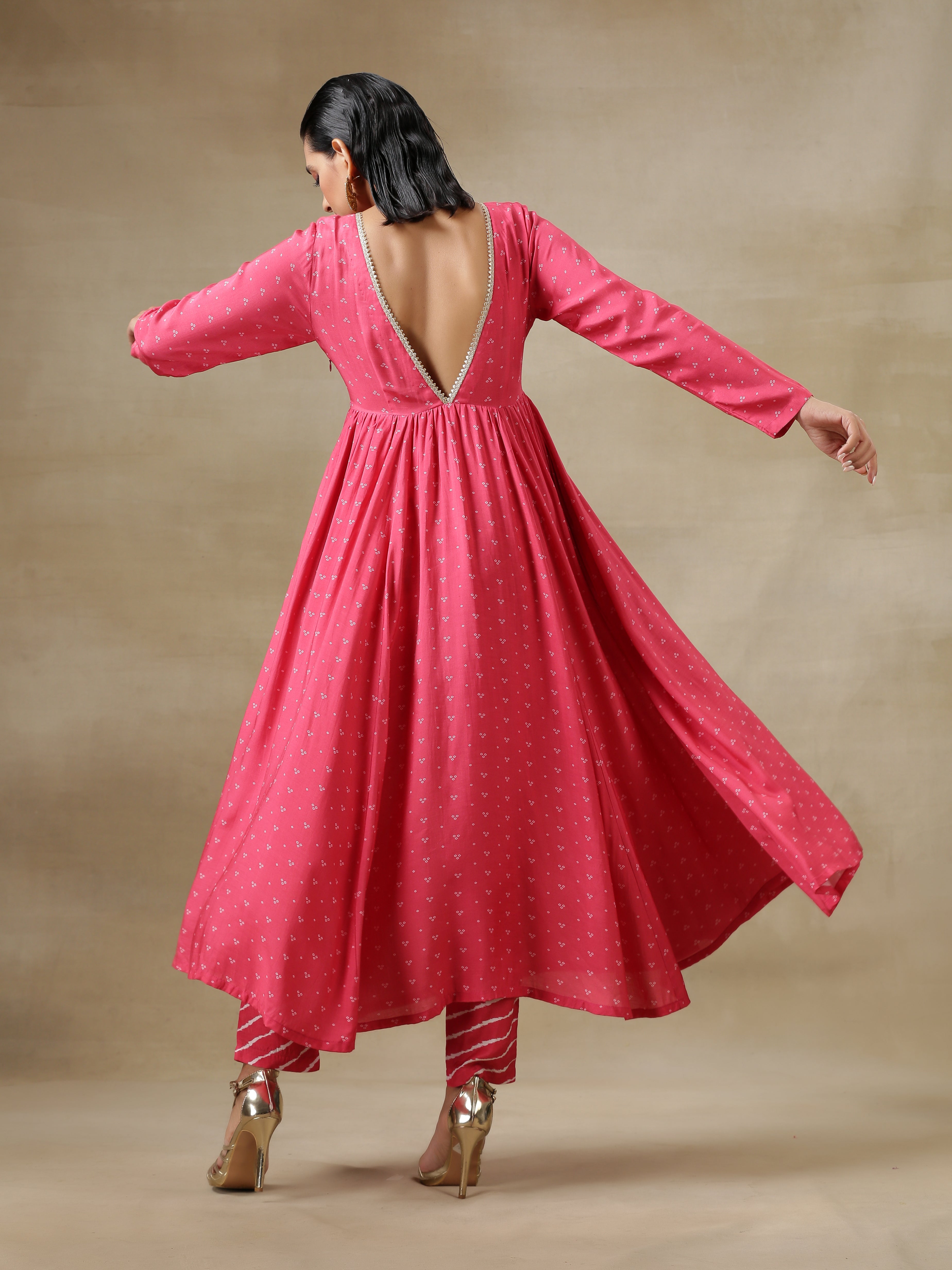 trueBrowns Pink Bandhani Printed Silk Anarkali Kurta Pant Dupatta Set