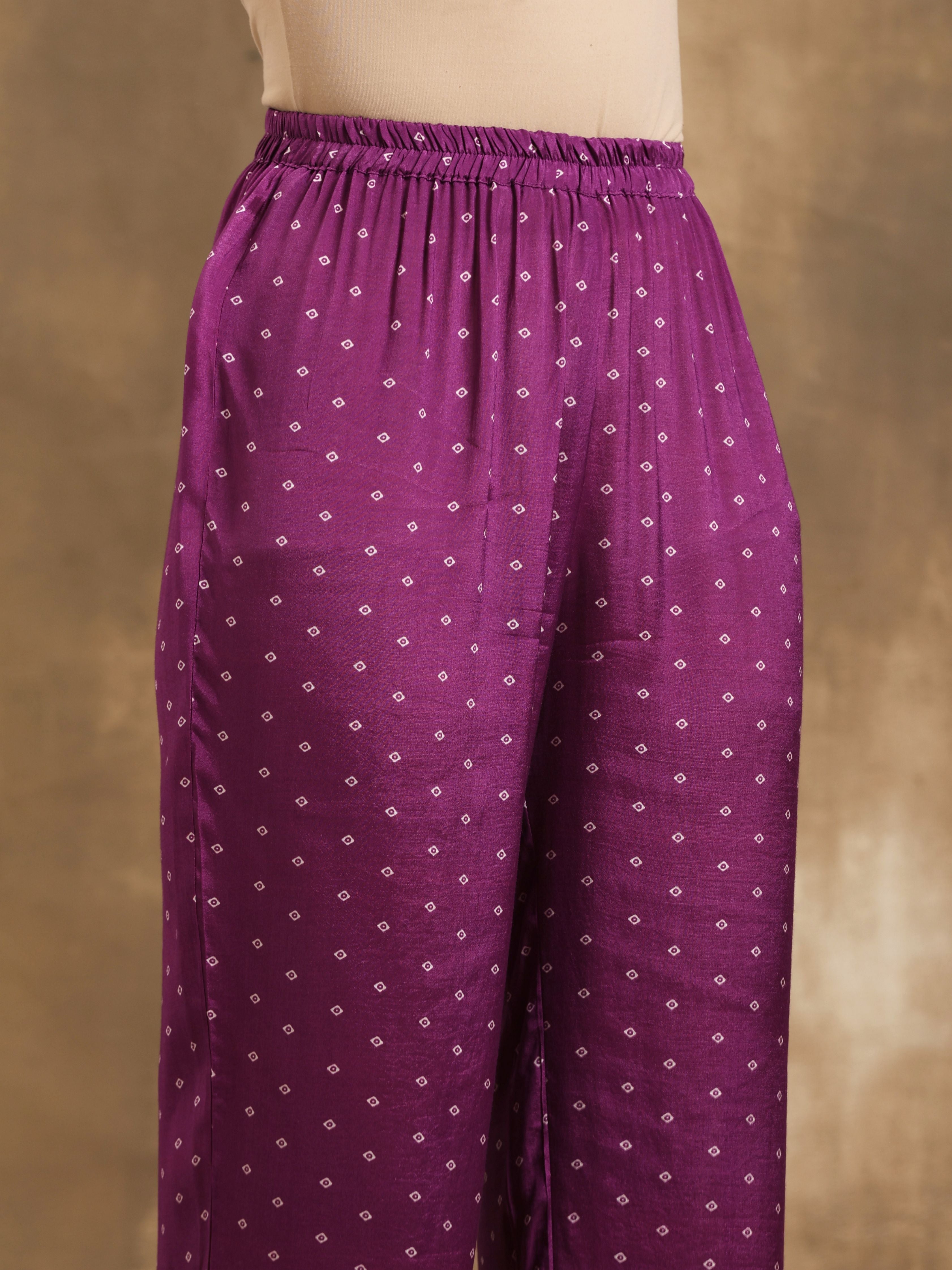 trueBrowns Purple Bandhani Printed Silk Co-Ord Set