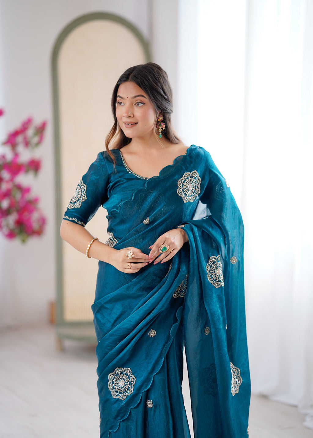 Evanik Designer Heavy Fendy Satin With Beads Embroidered Work Saree With Unstitched Blouse