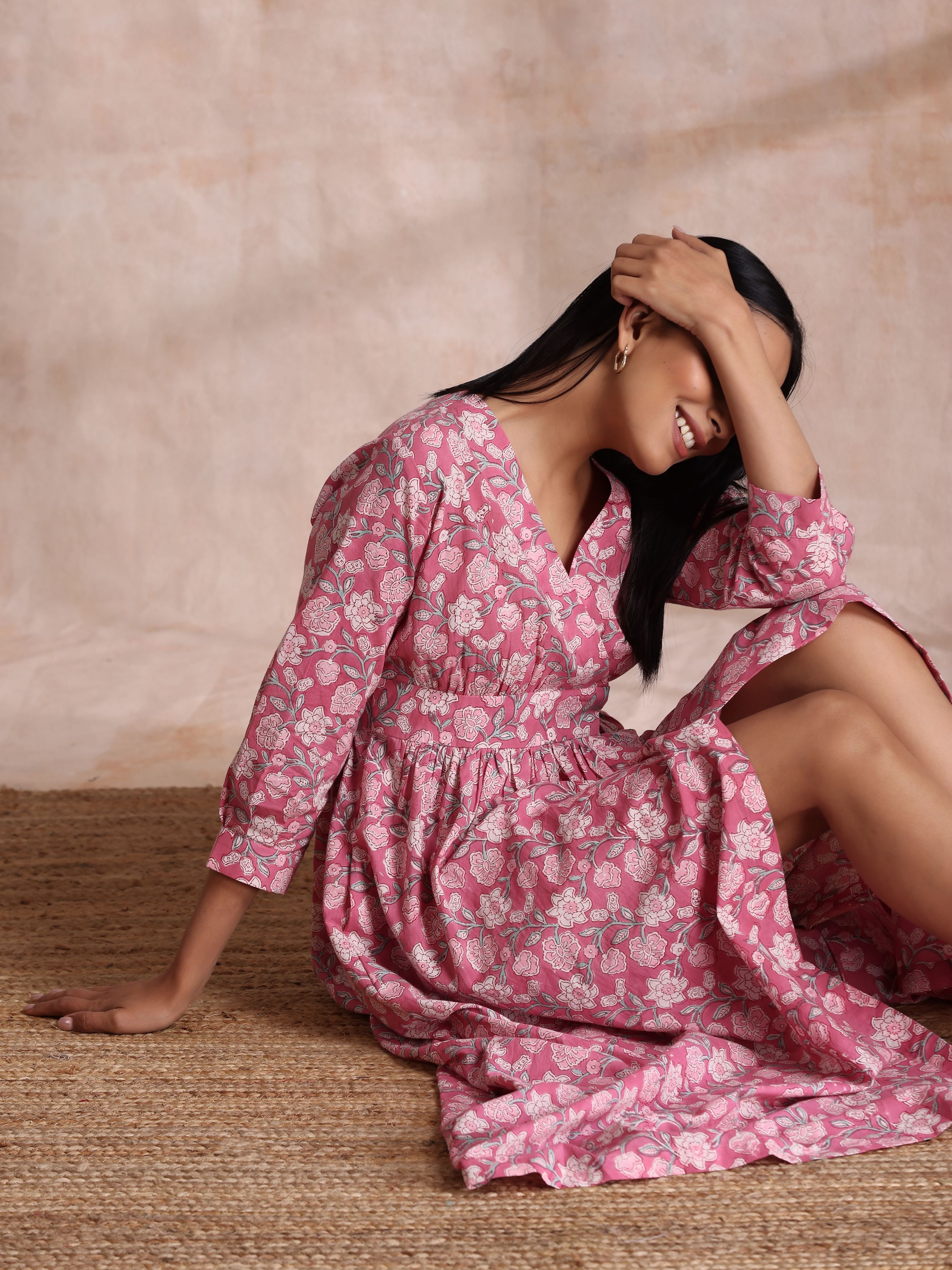 trueBrowns Pink Overall Floral Block Print Cotton Wrap Dress