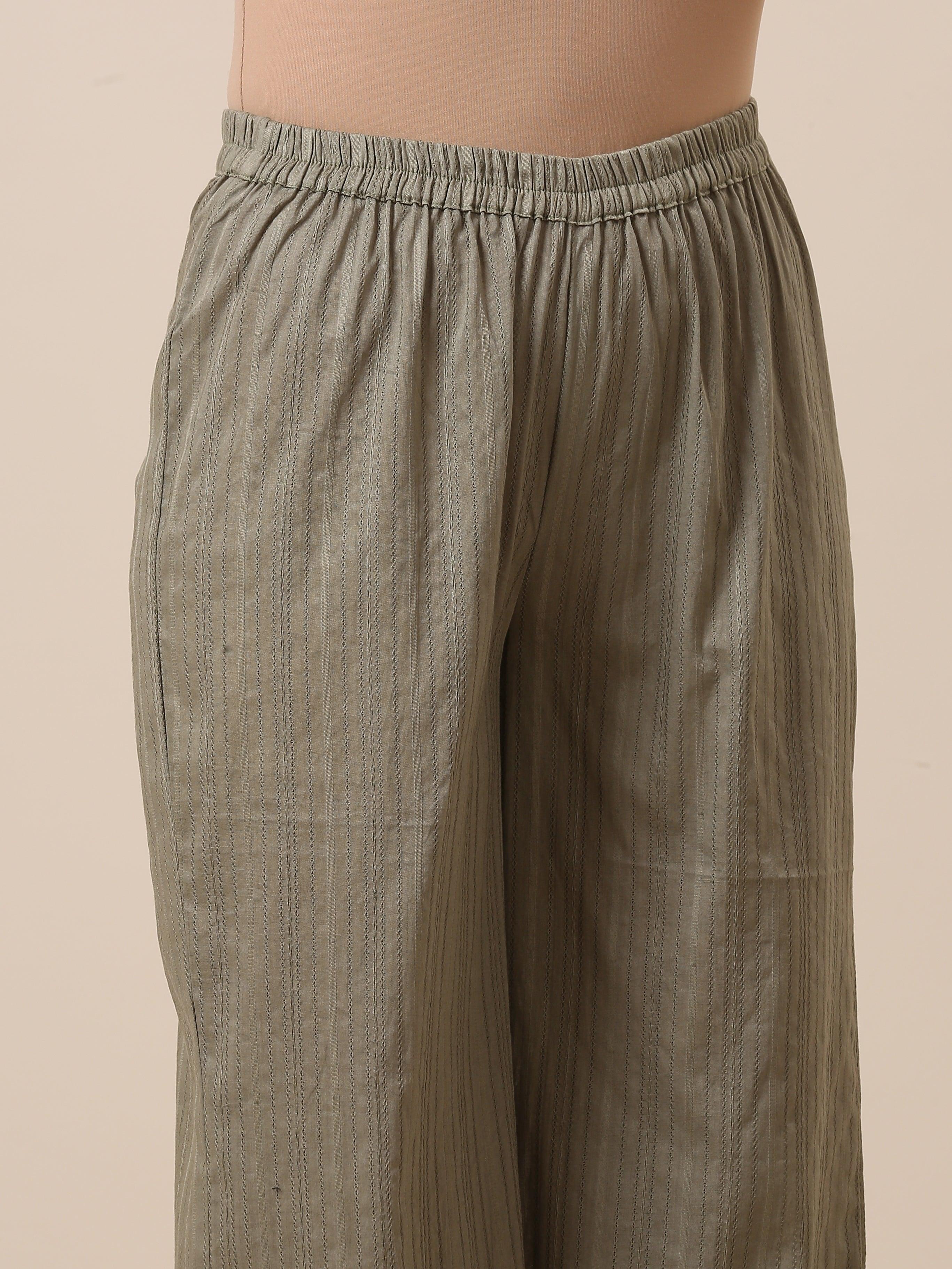 trueBrowns Cotton Olive Green Flared Slit Kurta Pant Set