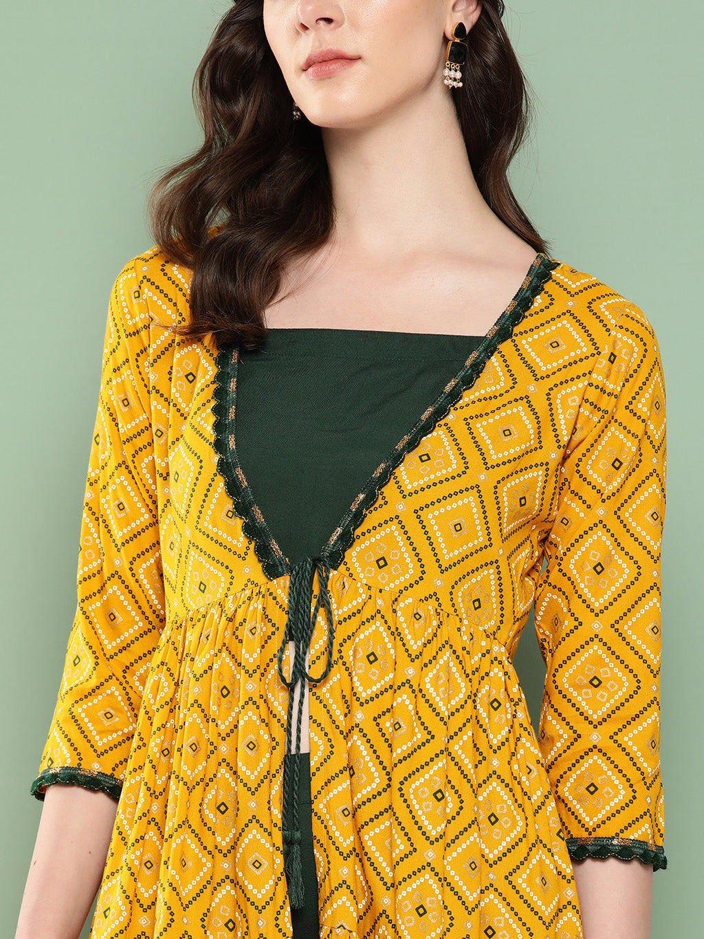 InWeave Women's Green Top Bottom W Mustard Bandhej Long Shrug Set