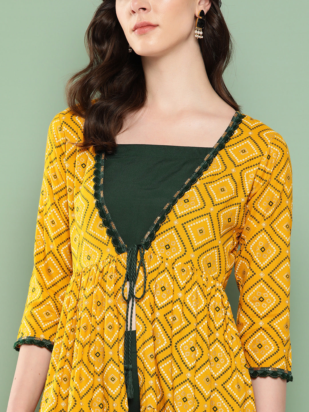 InWeave Women's Green Top Bottom W Mustard Bandhej Long Shrug Set