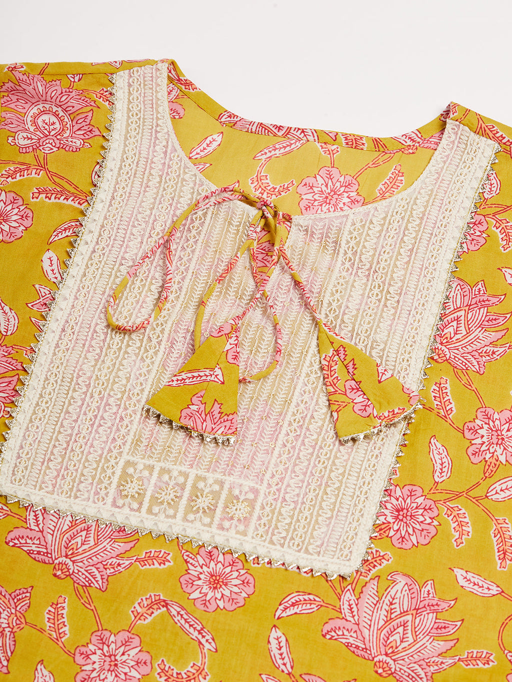 InWeave Women's Lime Pink Print Patch Cotton Straight Kurta
