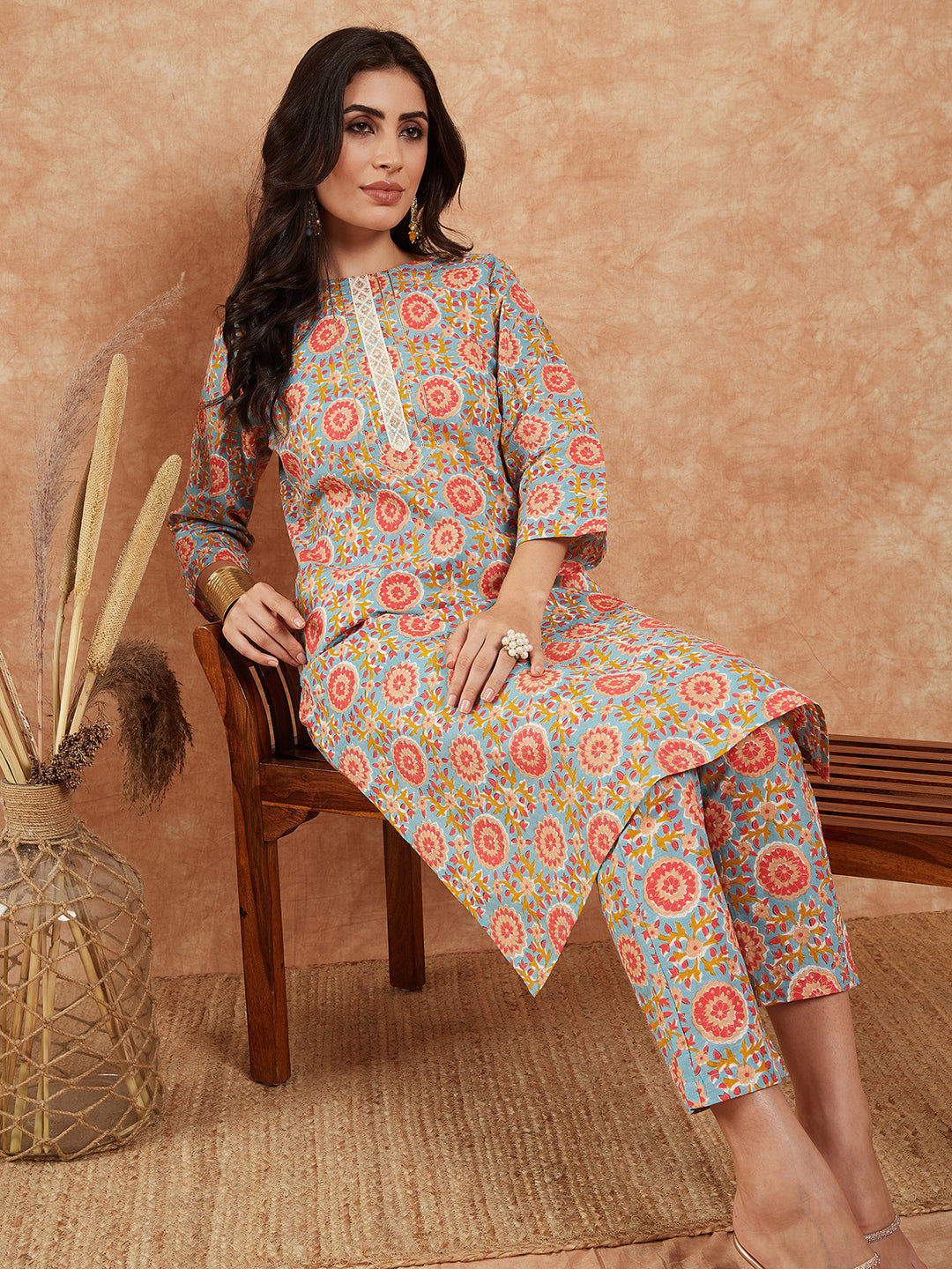 InWeave Women's Light Blue Floral Jaal Gota Work Straight Kurta Pant Set
