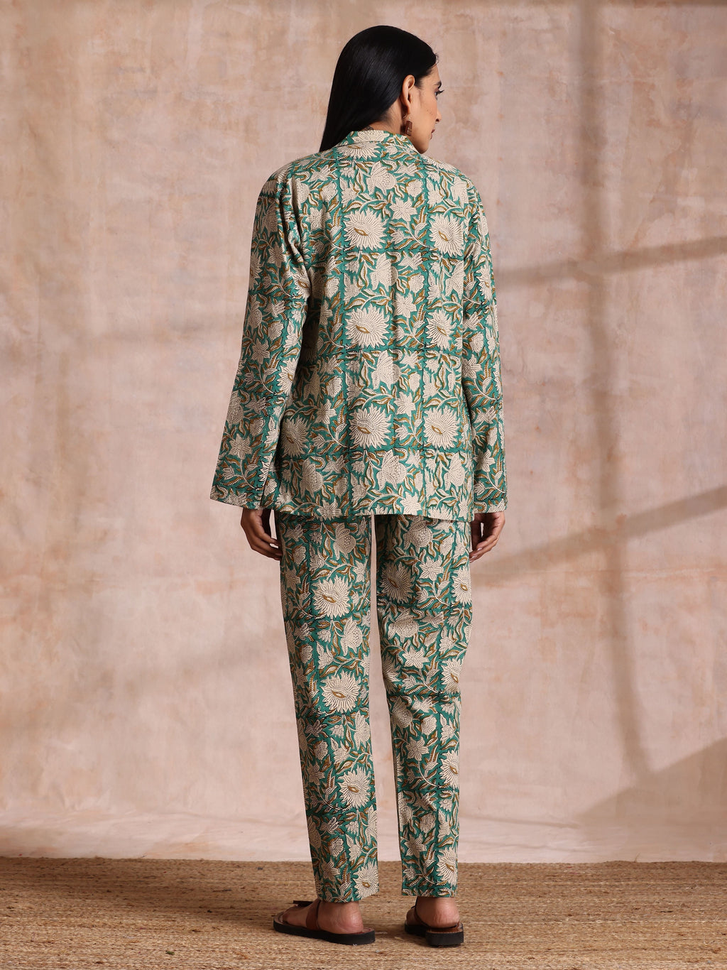 trueBrowns Fern Green Overall Floral Block Print Cotton Pant Suit Set