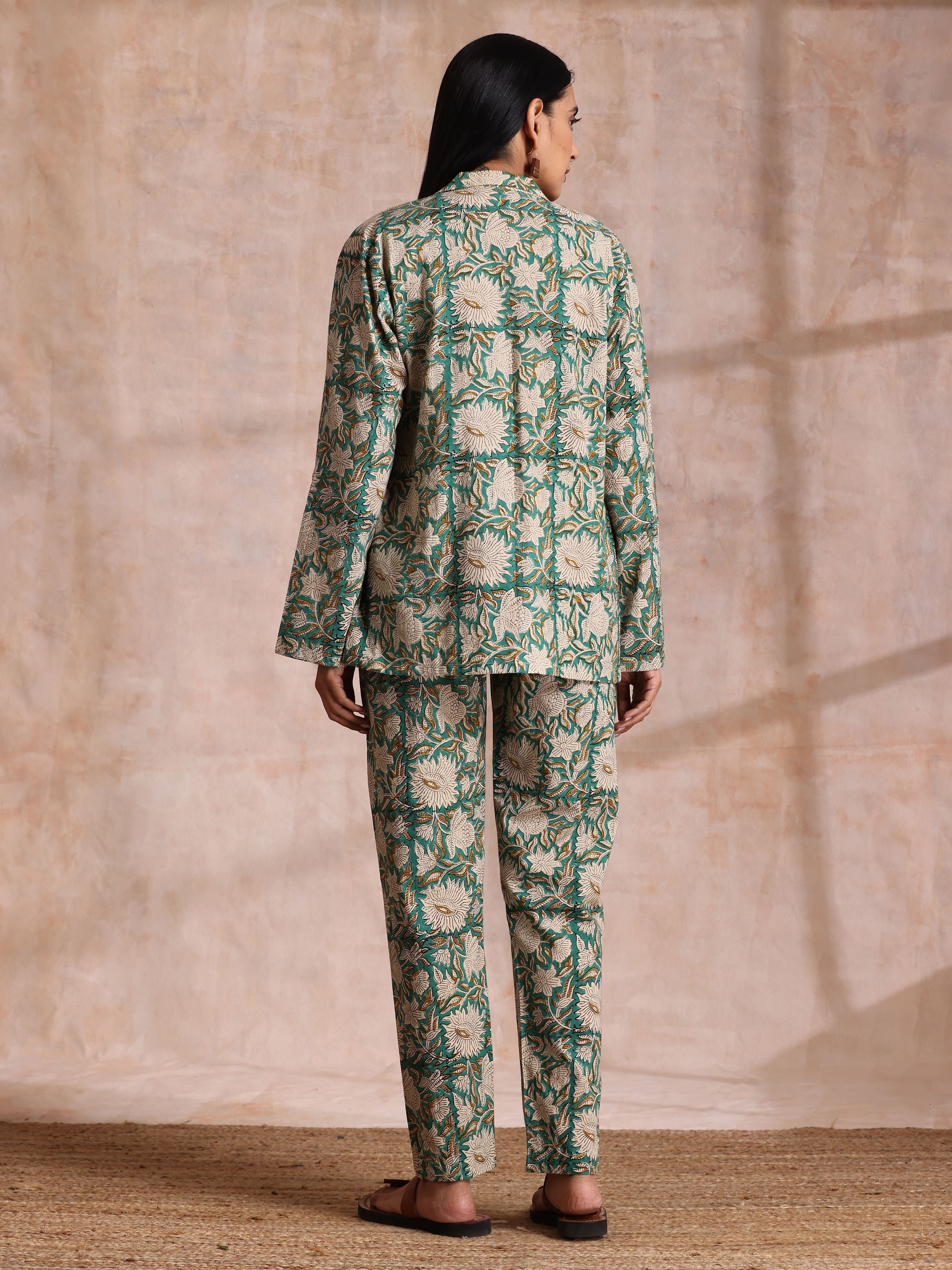 trueBrowns Fern Green Overall Floral Block Print Cotton Pant Suit Set