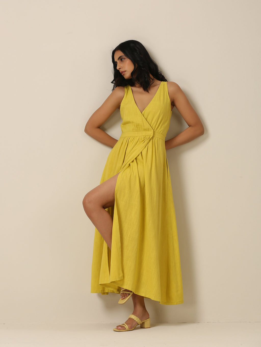 trueBrowns Lime Slub Texture Sleeveless Wrap Dress
