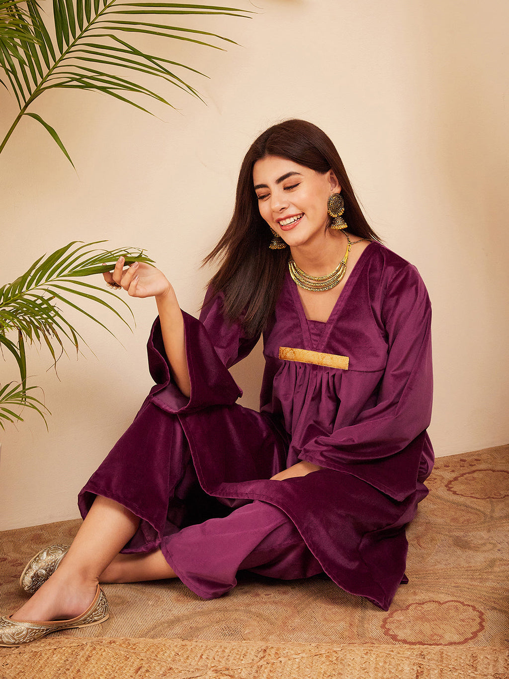 InWeave Women's Wine V Neck Asymmetrical Pleated Velvet Kurta Set
