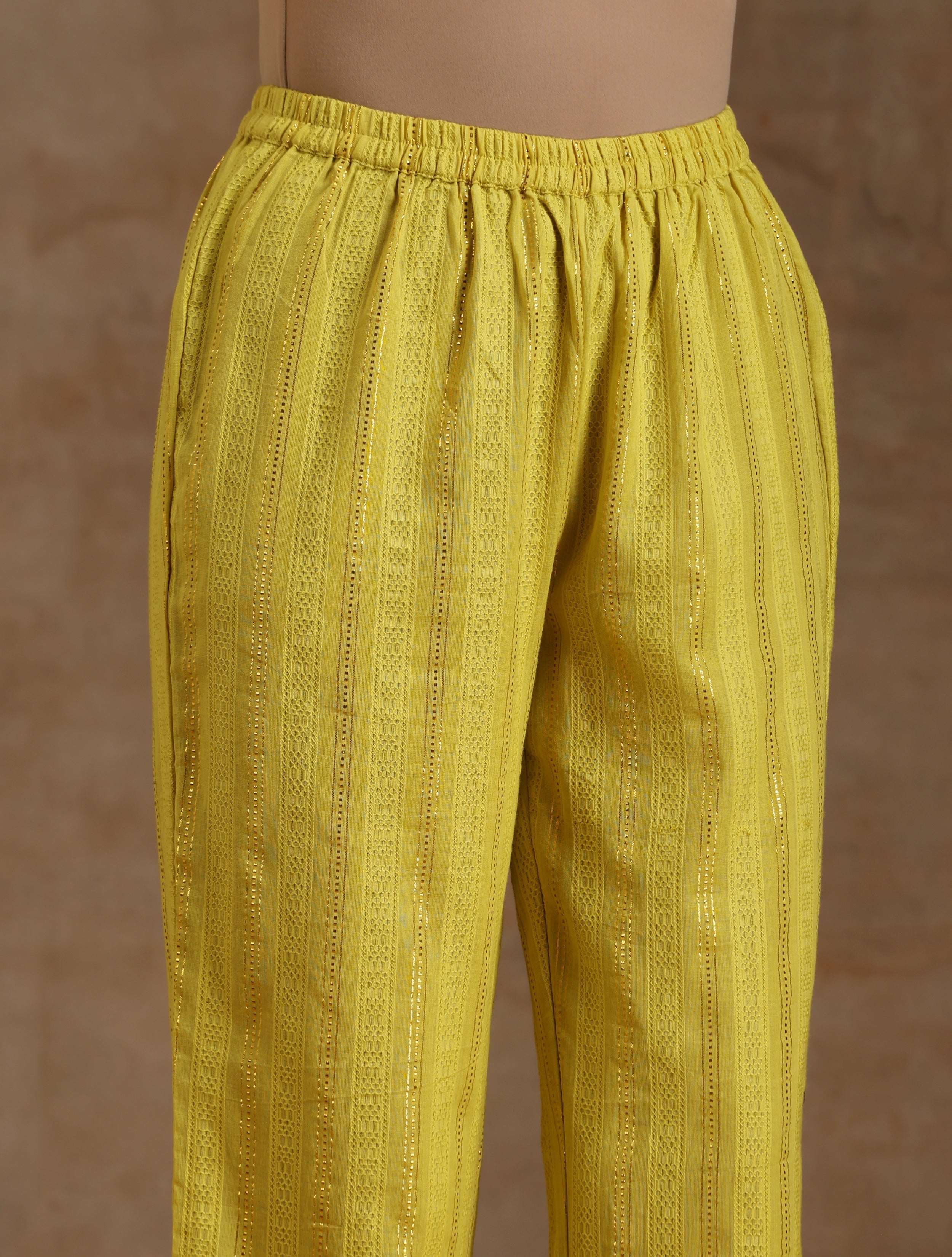 trueBrowns Lime Gold Cotton Kalidar Kurta Set