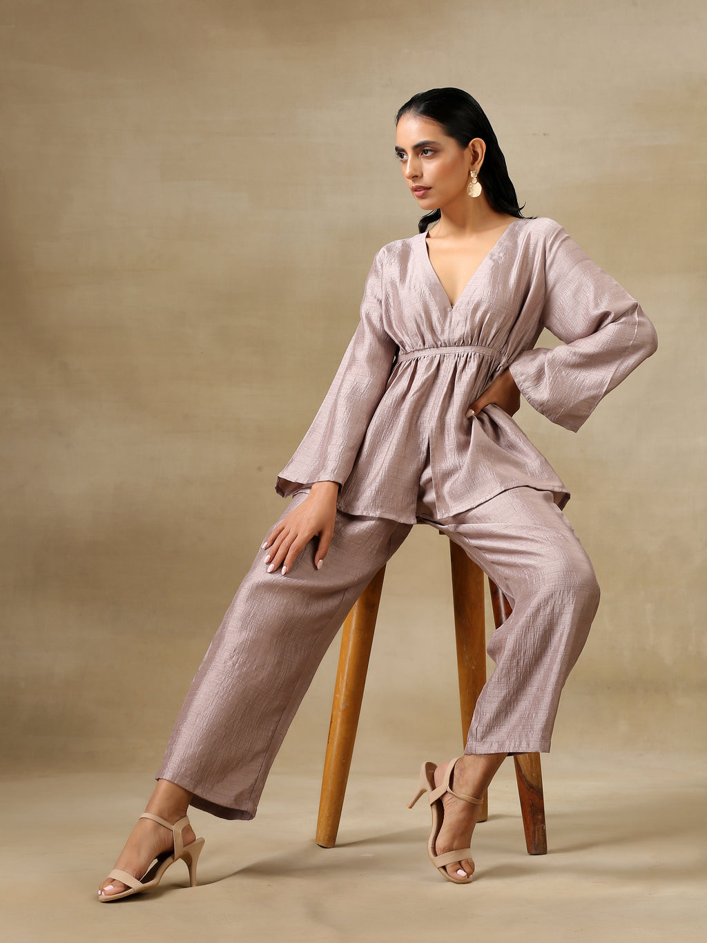 trueBrowns Grey Textured Silk Deep V-Neck Co-Ord Set