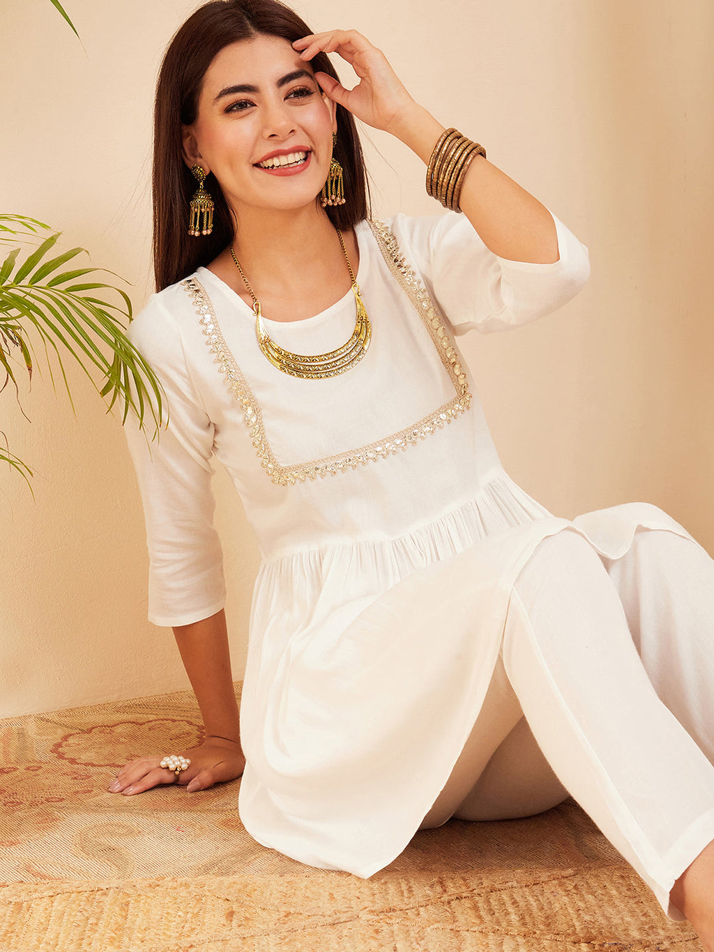 InWeave Women's White Round Neck Square Gota Work Kurta Pant Set