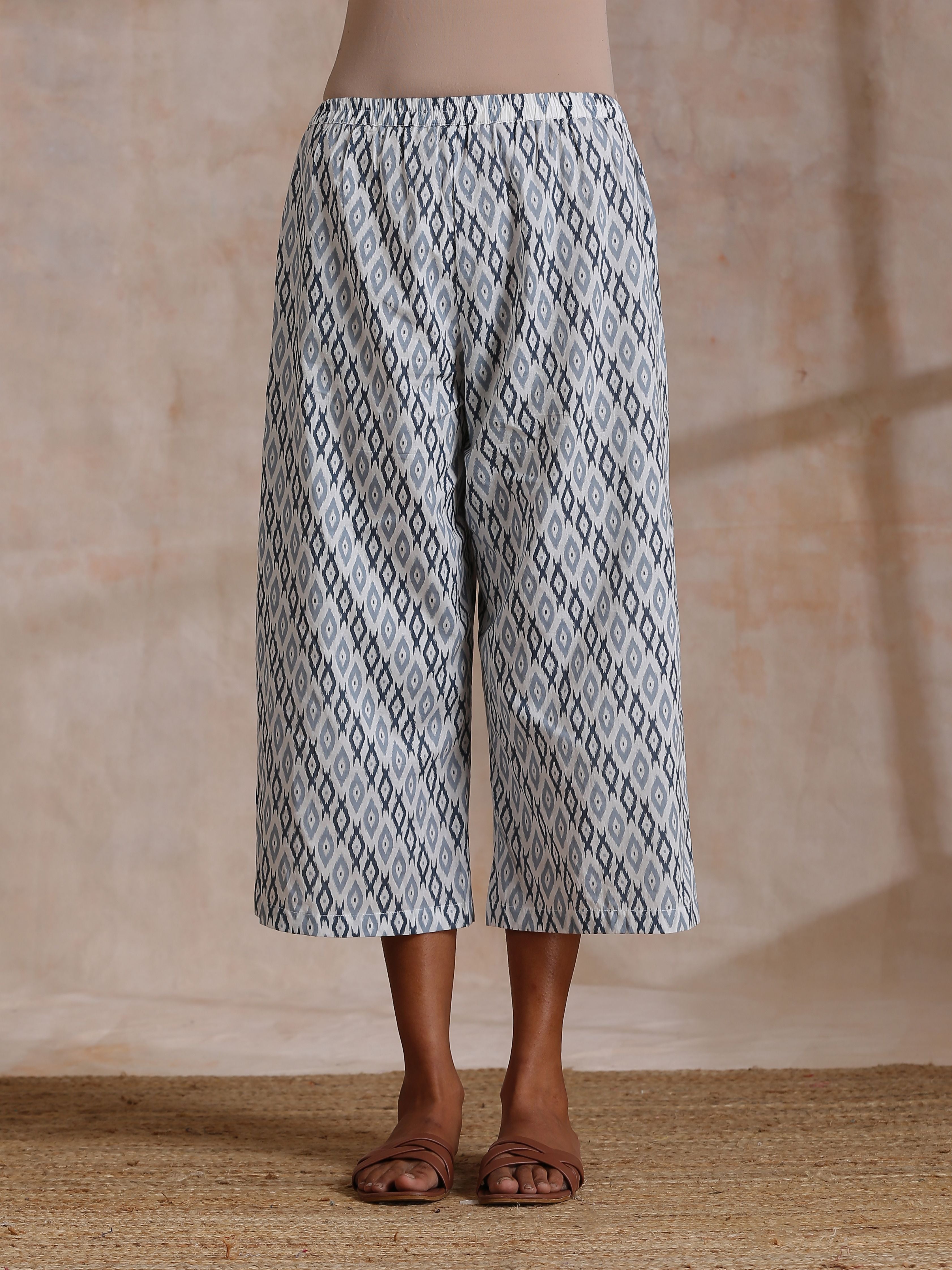 trueBrowns Multi Grey On Grey Ikat Print Cotton High-Low Co-Ord Set