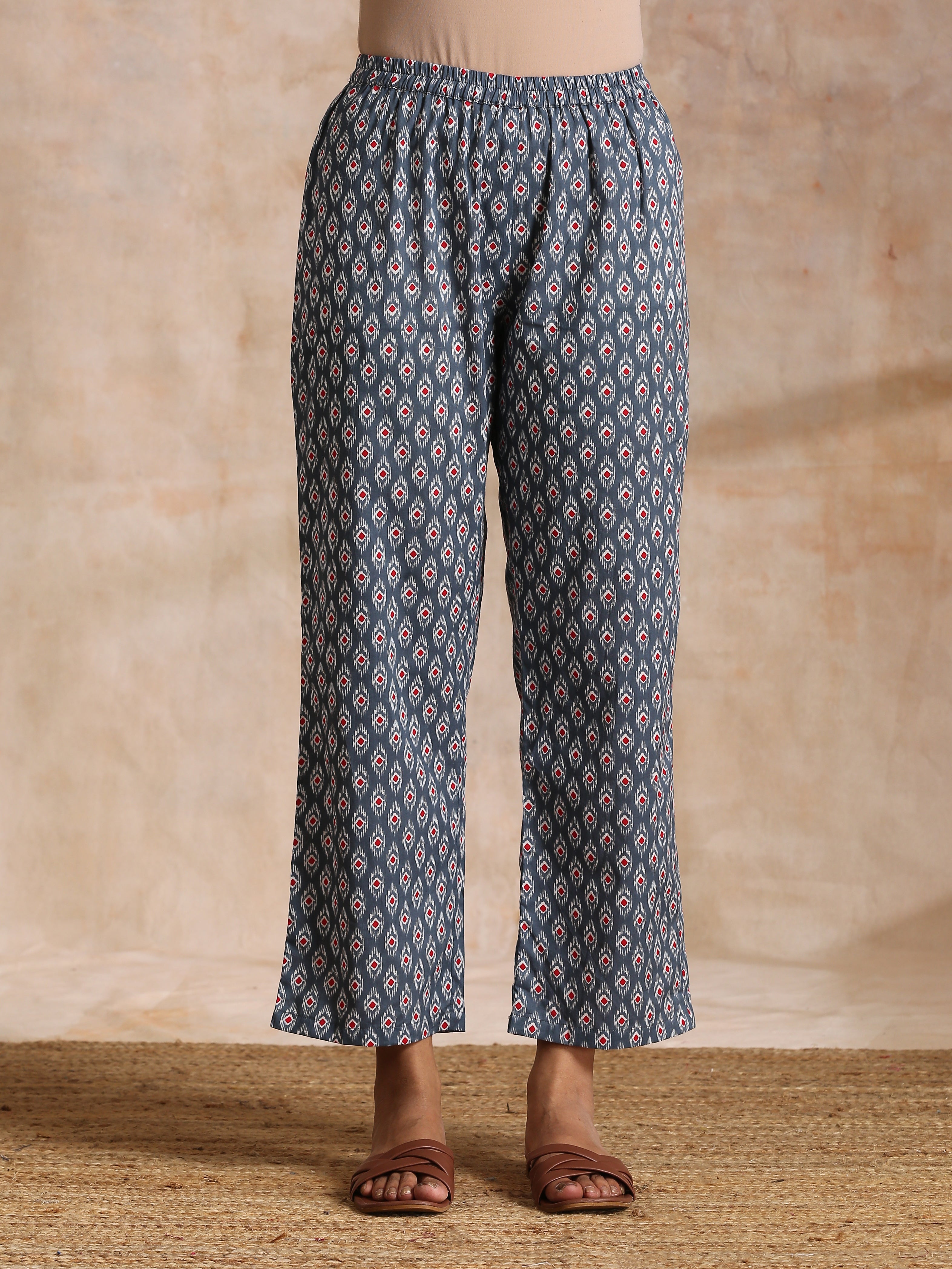 trueBrowns Steel Grey Ikat Print Cotton Gathers Co-Ord Set