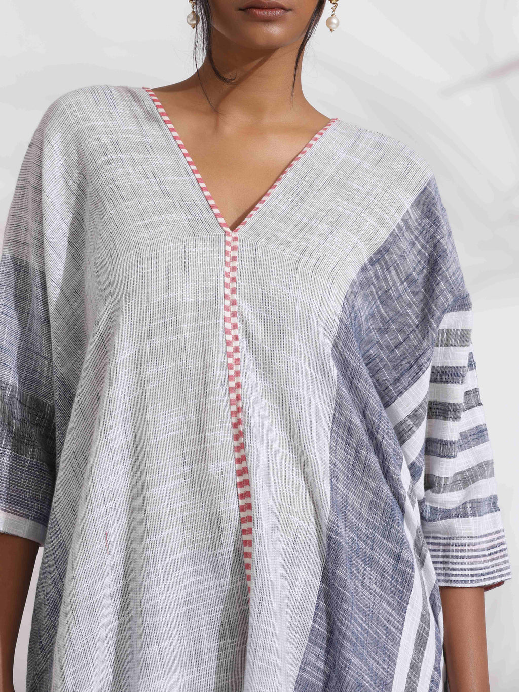trueBrowns Off-White Cotton Multi Stripe Flared Kurta Set