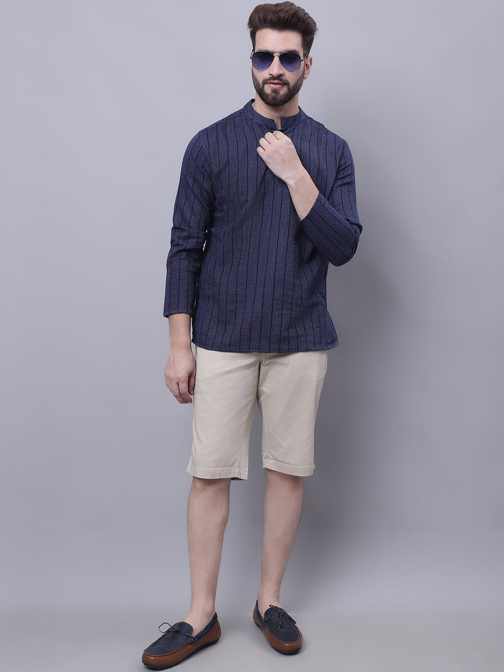 Indian Clothing Even Apparels Blue Pure Cotton Short Kurta With Band Collar