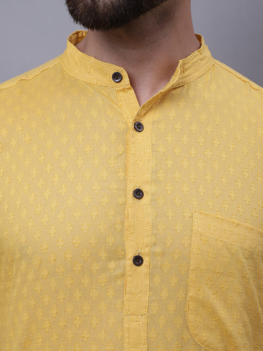 Even Apparels Yellow Pure Cotton Short Sleeves Kurta With Band Collar