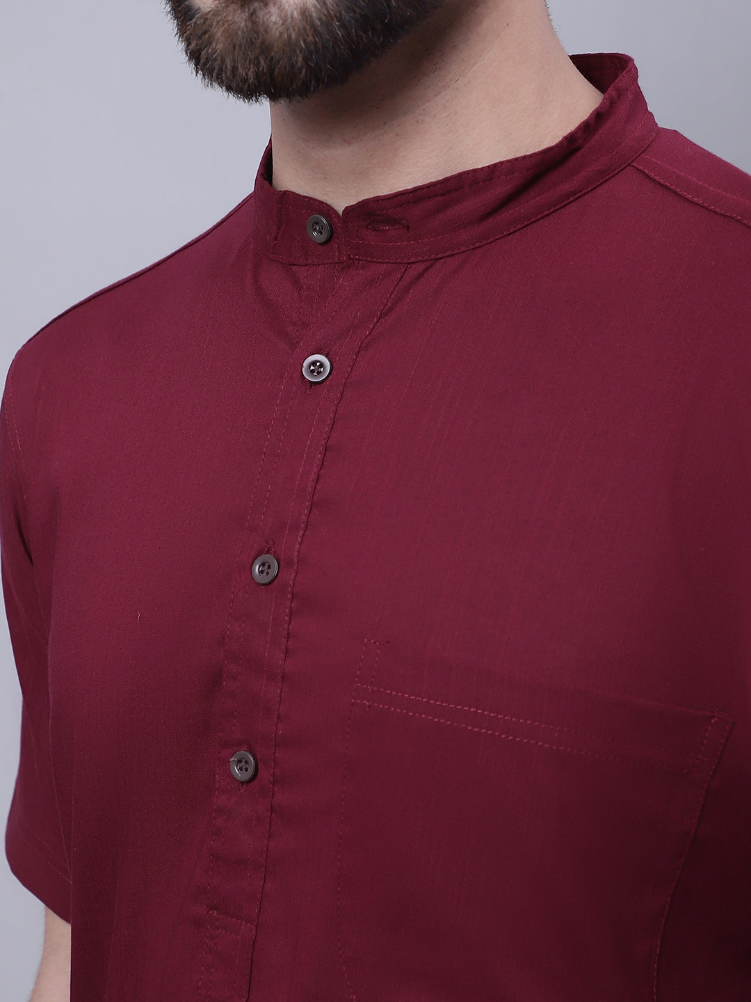 Even Apparels Red Pure Cotton Short Sleeves Kurta With Band Collar