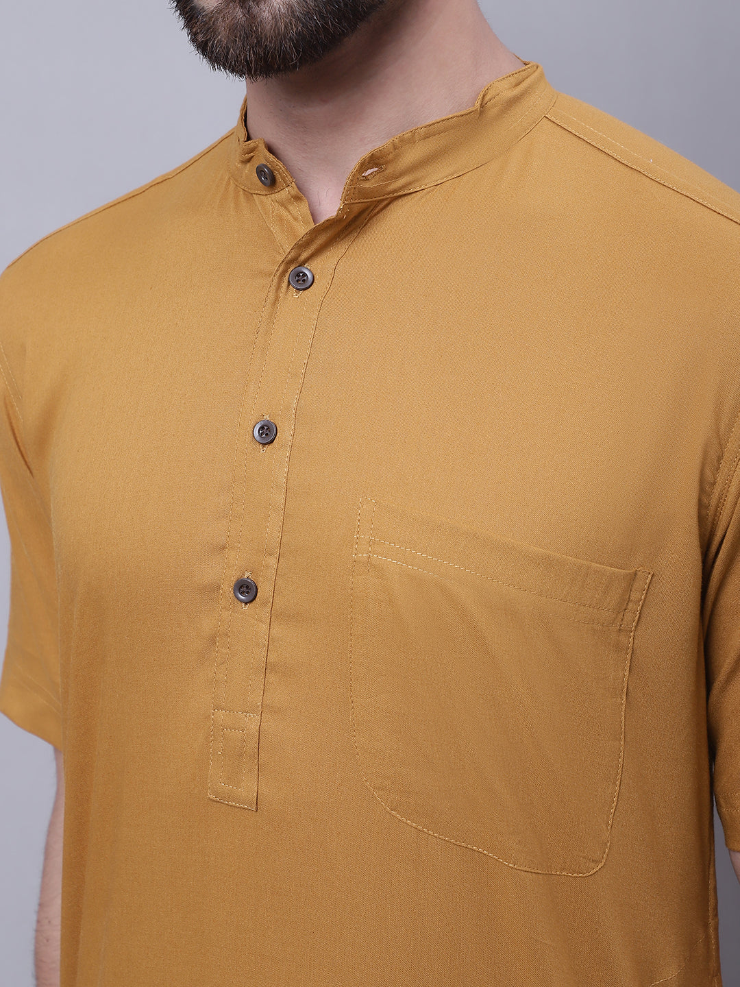 Even Apparels Mustard Pure Cotton Short Sleeves Kurta With Band Collar