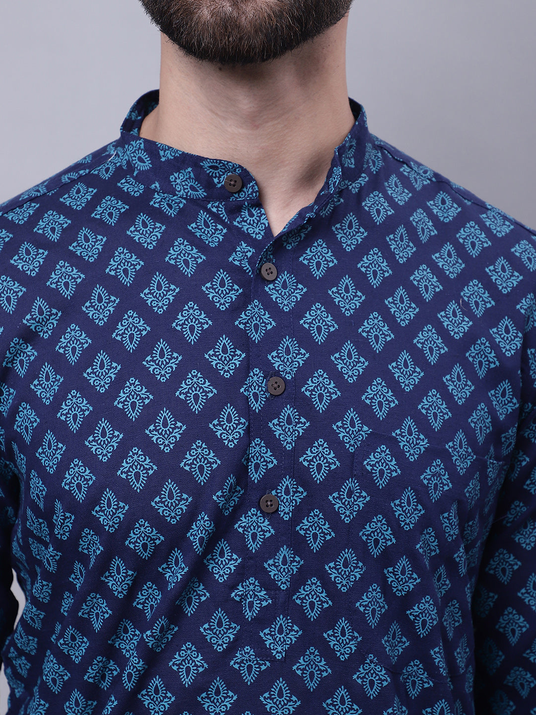 Even Apparels Blue Pure Cotton Kurta With Band Collar