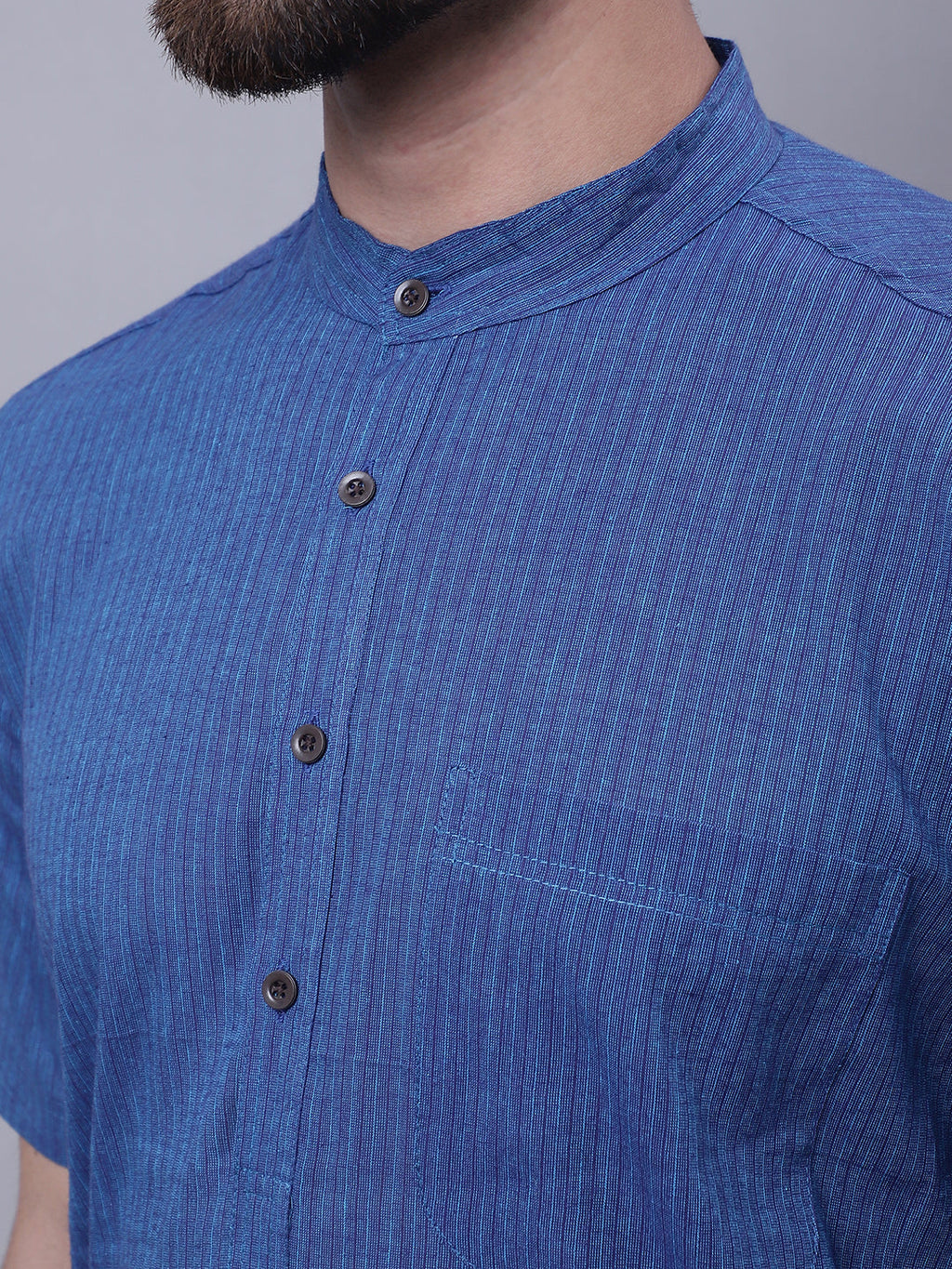 Even Apparels Blue Pure Cotton Short Sleeves Kurta With Band Collar